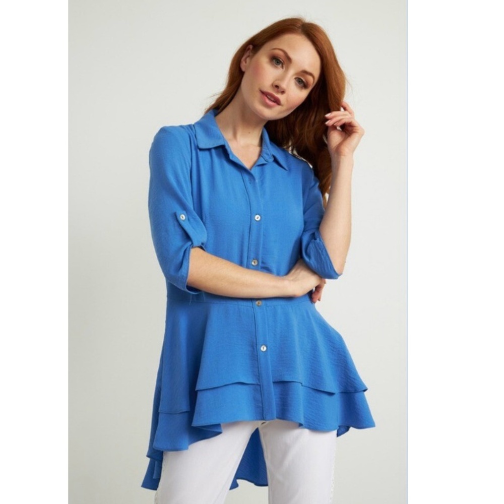 Joseph Ribkoff Womens LDS Blouse Size 14 Button 3/4 Roll Tab Sleeve Periwinkle